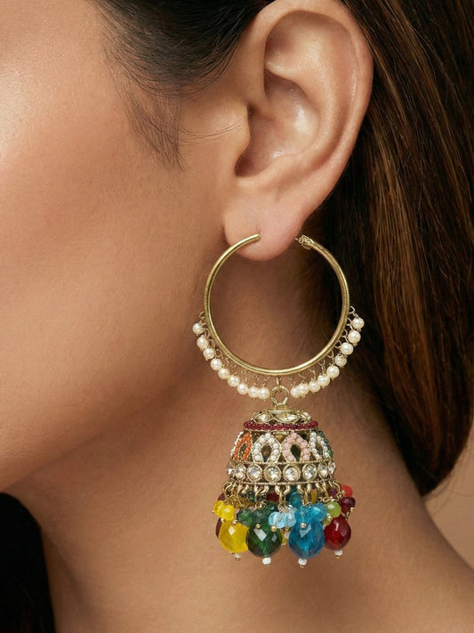 Meira Jewellery Gold Plated Multicolor Beaded Bali Jhumka Hoop Earrings for Women, Traditional Kundan Jhumki with Colorful Drops, Ethnic Festive Wedding Party Statement Earrings, Indian Jewellery-01