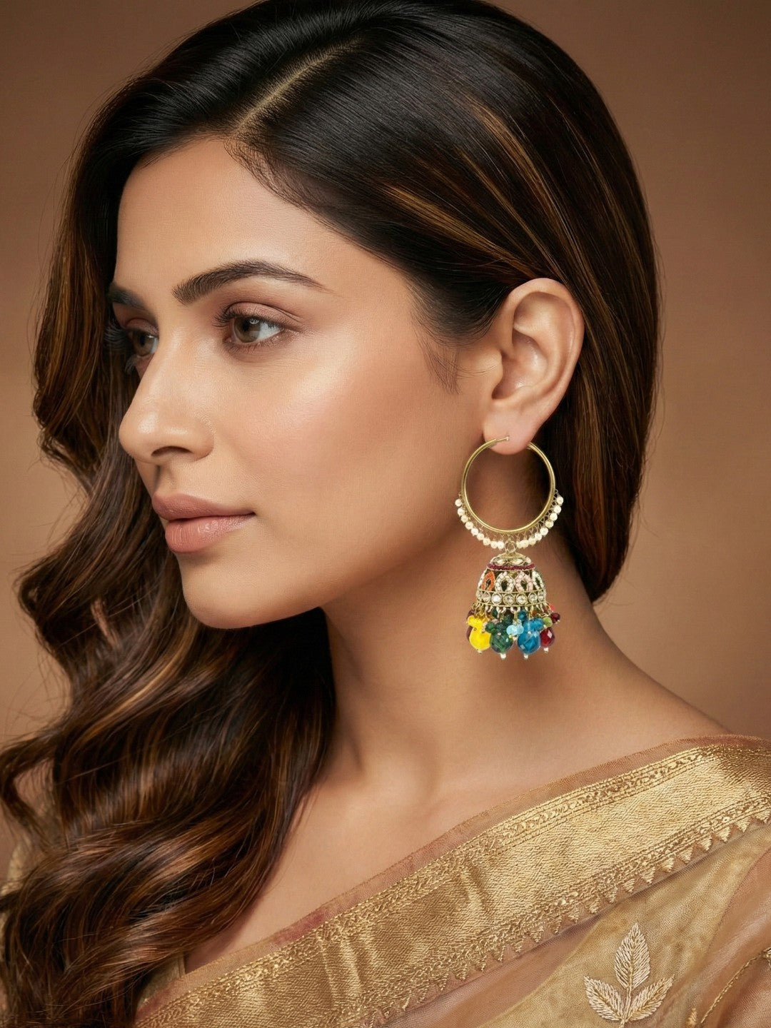 Meira Jewellery Gold Plated Multicolor Beaded Bali Jhumka Hoop Earrings for Women, Traditional Kundan Jhumki with Colorful Drops, Ethnic Festive Wedding Party Statement Earrings, Indian Jewellery-01