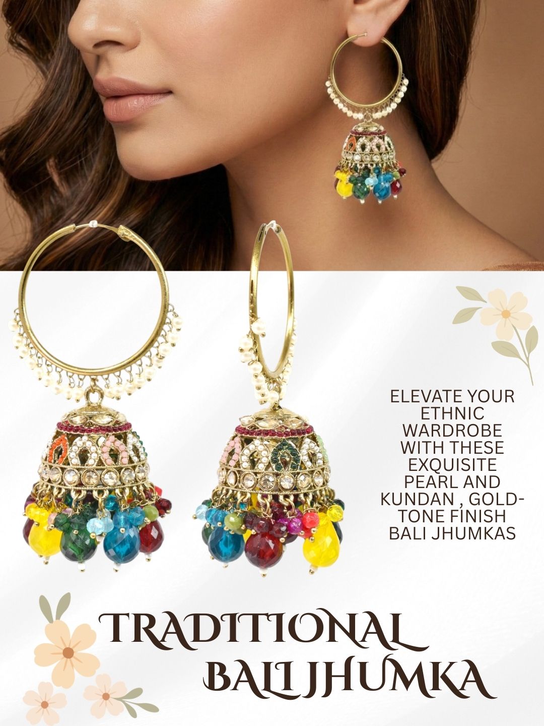 Meira Jewellery Gold Plated Multicolor Beaded Bali Jhumka Hoop Earrings for Women, Traditional Kundan Jhumki with Colorful Drops, Ethnic Festive Wedding Party Statement Earrings, Indian Jewellery-01