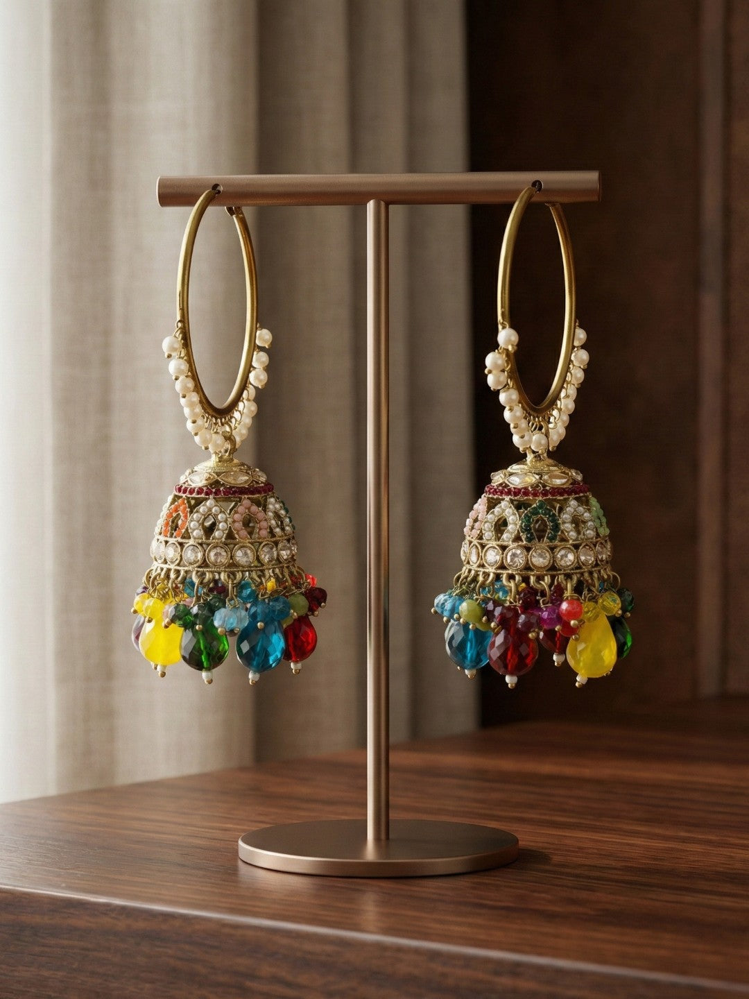 Meira Jewellery Gold Plated Multicolor Beaded Bali Jhumka Hoop Earrings for Women, Traditional Kundan Jhumki with Colorful Drops, Ethnic Festive Wedding Party Statement Earrings, Indian Jewellery-01