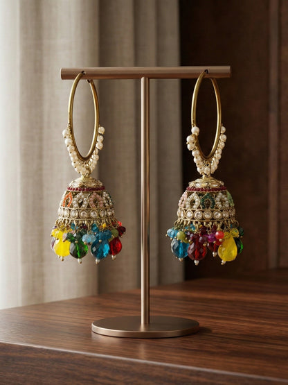 Meira Jewellery Gold Plated Multicolor Beaded Bali Jhumka Hoop Earrings for Women, Traditional Kundan Jhumki with Colorful Drops, Ethnic Festive Wedding Party Statement Earrings, Indian Jewellery-01