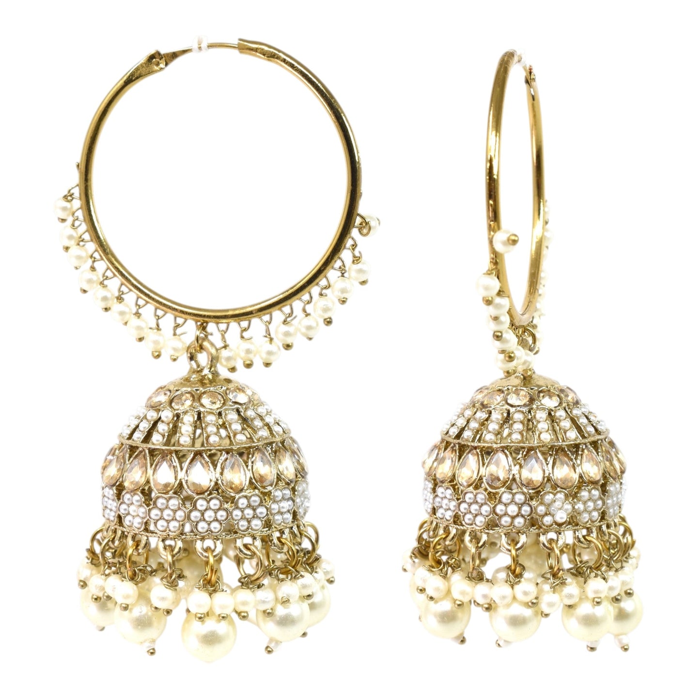 Meira Jewellery Gold Plated Traditional Bali Jhumka Hoop Earrings with Pearl Drops for Women Kundan Dome Jhumki with Beaded Pearl, Festive Wedding Party Statement Earrings, Indian Ethnic Jewellery-02