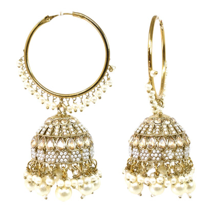 Meira Jewellery Gold Plated Traditional Bali Jhumka Hoop Earrings with Pearl Drops for Women Kundan Dome Jhumki with Beaded Pearl, Festive Wedding Party Statement Earrings, Indian Ethnic Jewellery-02