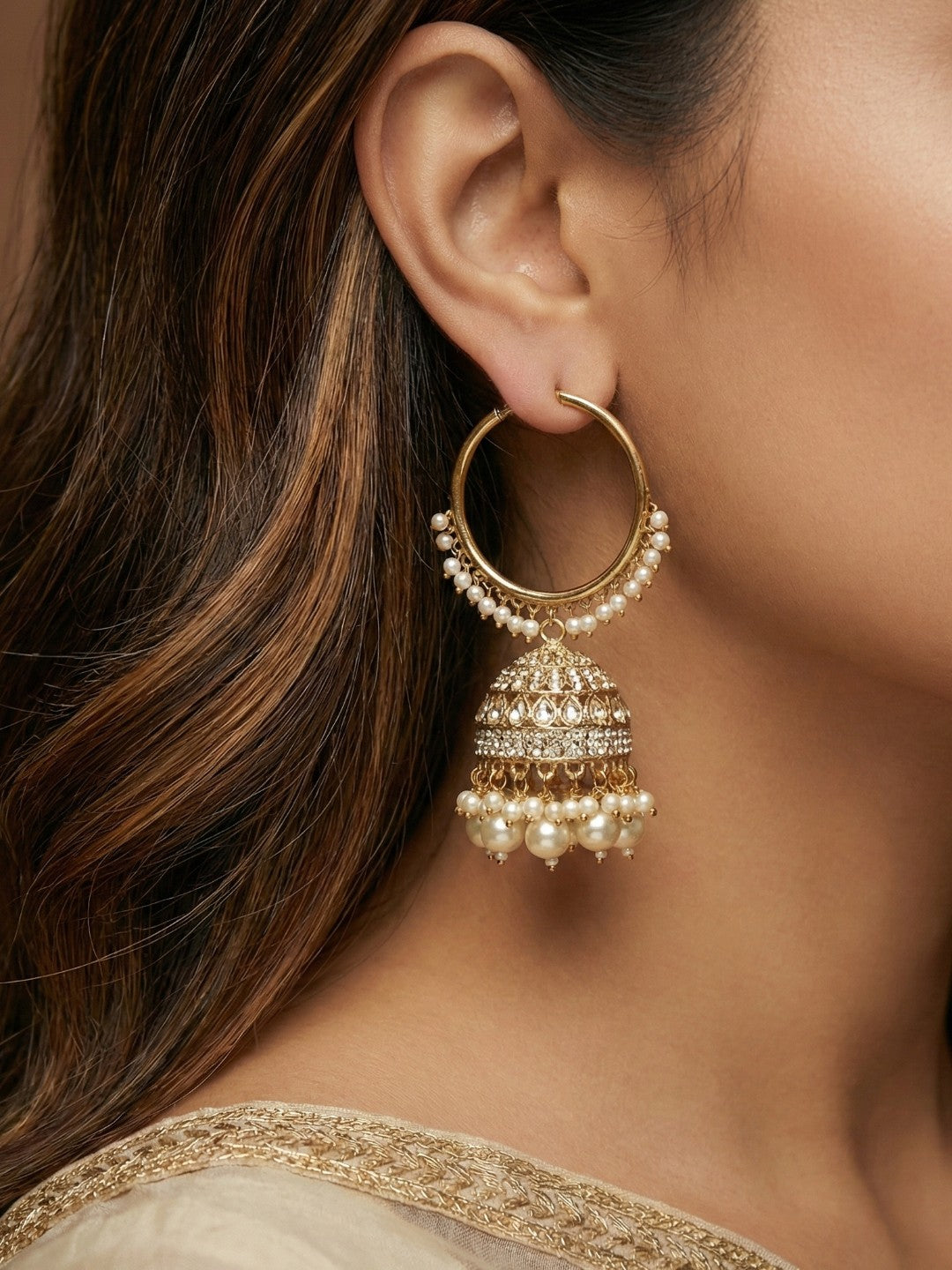 Meira Jewellery Gold Plated Traditional Bali Jhumka Hoop Earrings with Pearl Drops for Women Kundan Dome Jhumki with Beaded Pearl, Festive Wedding Party Statement Earrings, Indian Ethnic Jewellery-02