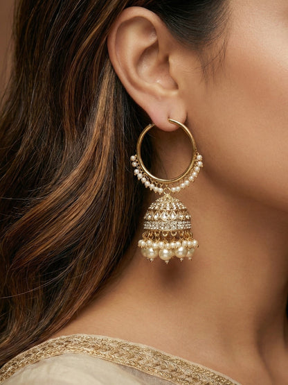 Meira Jewellery Gold Plated Traditional Bali Jhumka Hoop Earrings with Pearl Drops for Women Kundan Dome Jhumki with Beaded Pearl, Festive Wedding Party Statement Earrings, Indian Ethnic Jewellery-02