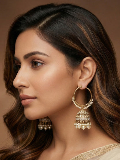 Meira Jewellery Gold Plated Traditional Bali Jhumka Hoop Earrings with Pearl Drops for Women Kundan Dome Jhumki with Beaded Pearl, Festive Wedding Party Statement Earrings, Indian Ethnic Jewellery-02