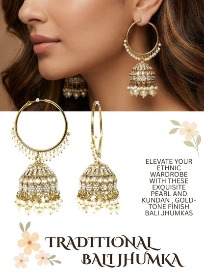 Meira Jewellery Gold Plated Traditional Bali Jhumka Hoop Earrings with Pearl Drops for Women Kundan Dome Jhumki with Beaded Pearl, Festive Wedding Party Statement Earrings, Indian Ethnic Jewellery-02