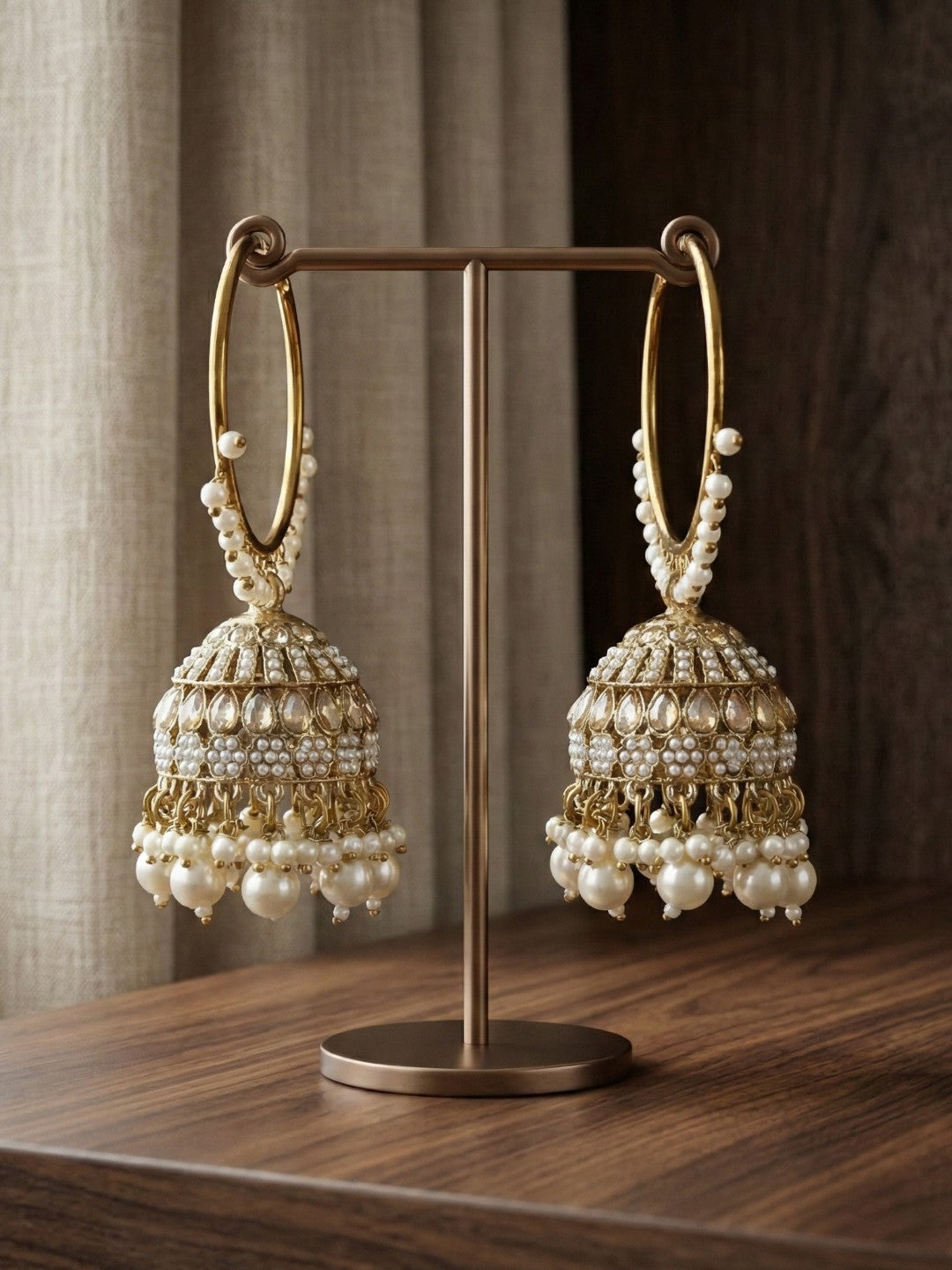 Meira Jewellery Gold Plated Traditional Bali Jhumka Hoop Earrings with Pearl Drops for Women Kundan Dome Jhumki with Beaded Pearl, Festive Wedding Party Statement Earrings, Indian Ethnic Jewellery-02