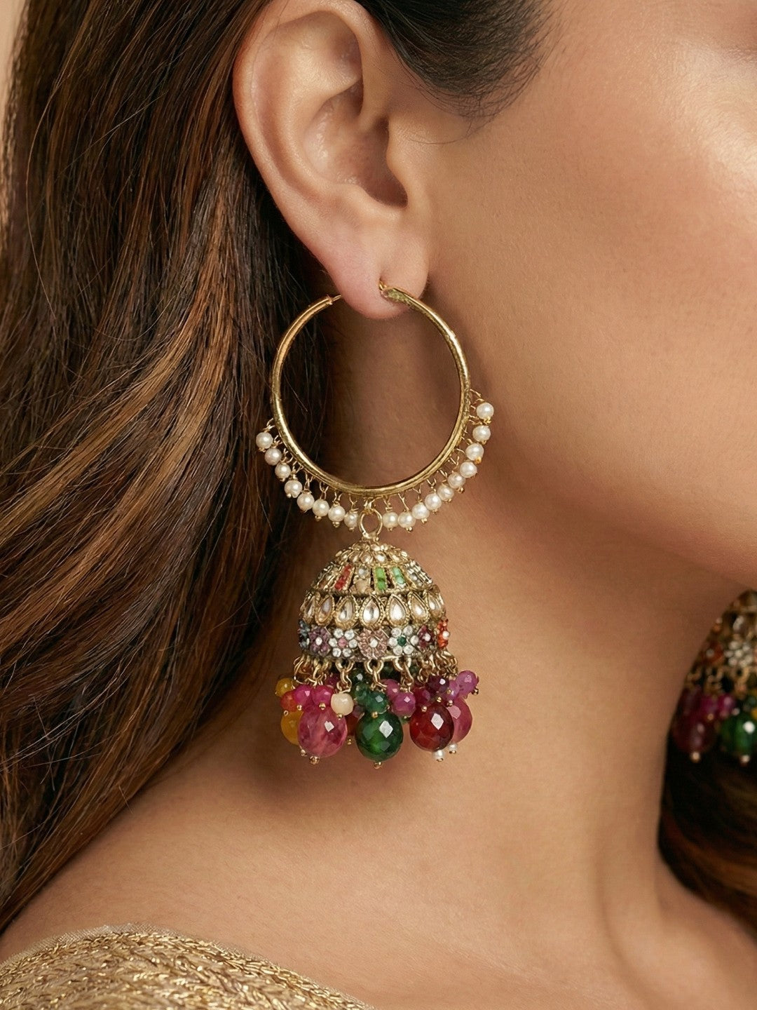 Meira Jewellery Gold Plated Multicolor Beaded Bali Jhumka Hoop Earrings for Women, Traditional Kundan Jhumki with Colorful Drops, Ethnic Festive Wedding Party Statement Earrings, Indian Jewellery-02