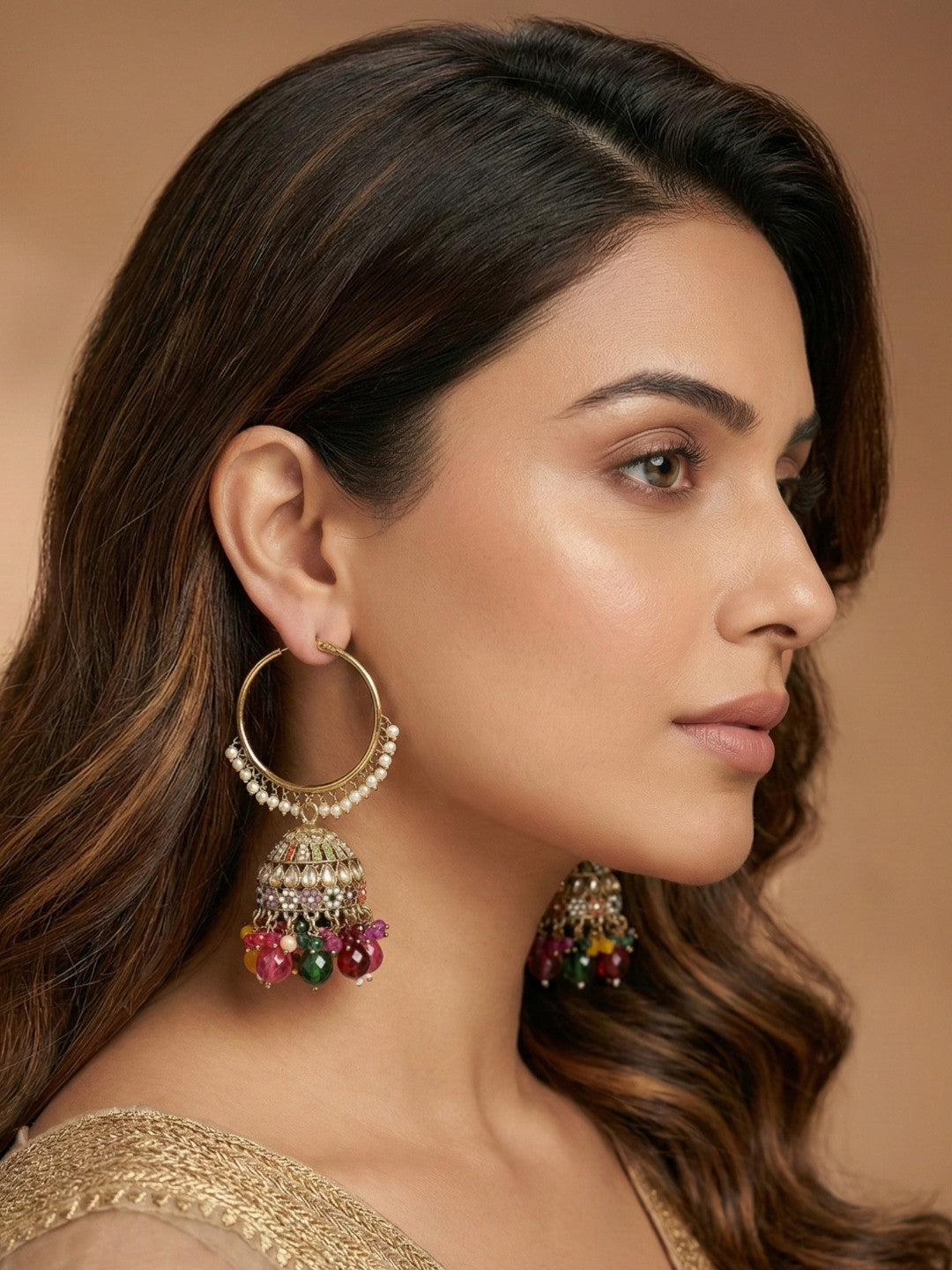 Meira Jewellery Gold Plated Multicolor Beaded Bali Jhumka Hoop Earrings for Women, Traditional Kundan Jhumki with Colorful Drops, Ethnic Festive Wedding Party Statement Earrings, Indian Jewellery-02