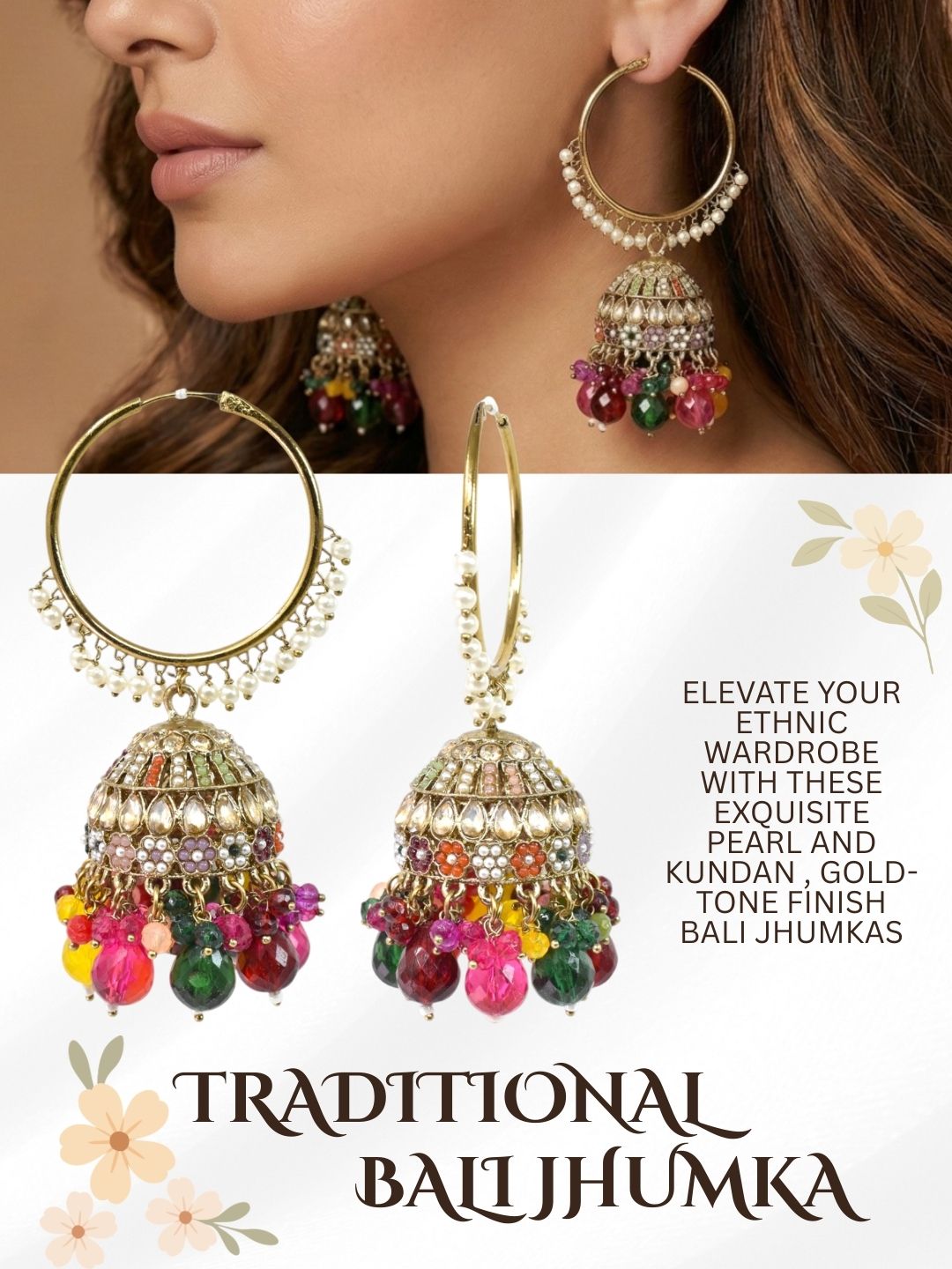 Meira Jewellery Gold Plated Multicolor Beaded Bali Jhumka Hoop Earrings for Women, Traditional Kundan Jhumki with Colorful Drops, Ethnic Festive Wedding Party Statement Earrings, Indian Jewellery-02