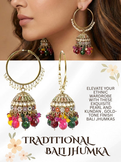 Meira Jewellery Gold Plated Multicolor Beaded Bali Jhumka Hoop Earrings for Women, Traditional Kundan Jhumki with Colorful Drops, Ethnic Festive Wedding Party Statement Earrings, Indian Jewellery-02