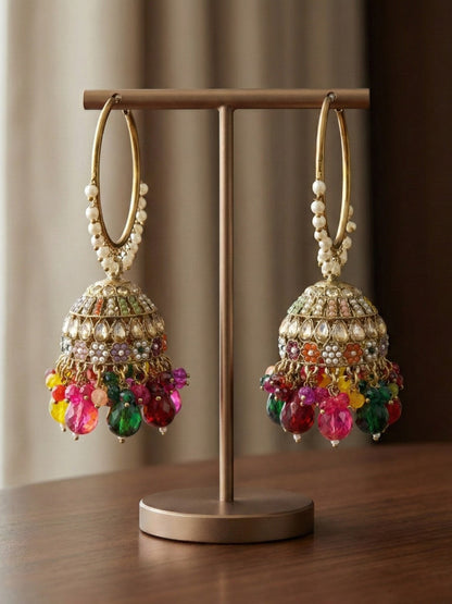 Meira Jewellery Gold Plated Multicolor Beaded Bali Jhumka Hoop Earrings for Women, Traditional Kundan Jhumki with Colorful Drops, Ethnic Festive Wedding Party Statement Earrings, Indian Jewellery-02