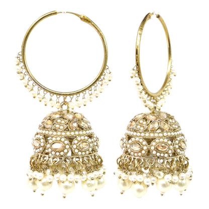 Meira Jewellery Gold Plated Traditional Bali Jhumka Hoop Earrings with Pearl Drops for Women Kundan Dome Jhumki with Beaded Pearl, Festive Wedding Party Statement Earrings, Indian Ethnic Jewellery-03