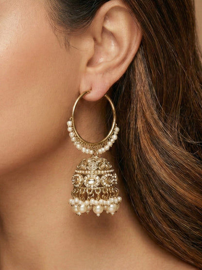Meira Jewellery Gold Plated Traditional Bali Jhumka Hoop Earrings with Pearl Drops for Women Kundan Dome Jhumki with Beaded Pearl, Festive Wedding Party Statement Earrings, Indian Ethnic Jewellery-03