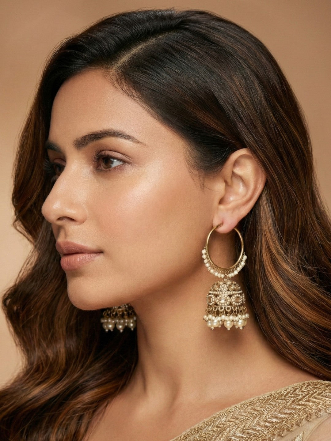 Meira Jewellery Gold Plated Traditional Bali Jhumka Hoop Earrings with Pearl Drops for Women Kundan Dome Jhumki with Beaded Pearl, Festive Wedding Party Statement Earrings, Indian Ethnic Jewellery-03