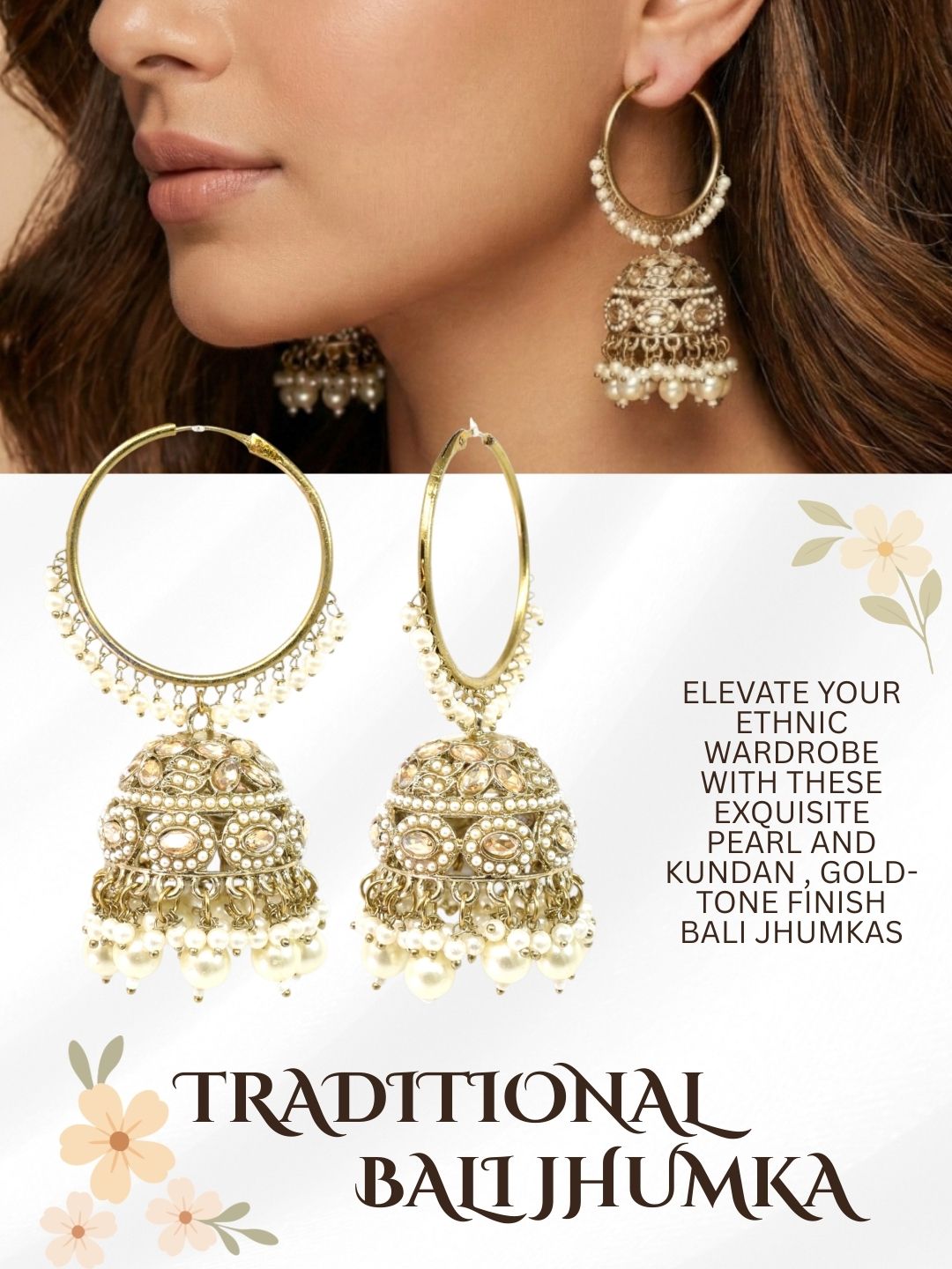 Meira Jewellery Gold Plated Traditional Bali Jhumka Hoop Earrings with Pearl Drops for Women Kundan Dome Jhumki with Beaded Pearl, Festive Wedding Party Statement Earrings, Indian Ethnic Jewellery-03