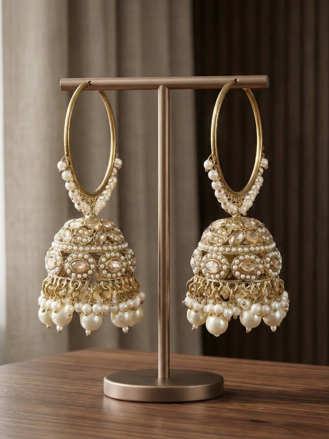 Meira Jewellery Gold Plated Traditional Bali Jhumka Hoop Earrings with Pearl Drops for Women Kundan Dome Jhumki with Beaded Pearl, Festive Wedding Party Statement Earrings, Indian Ethnic Jewellery-03