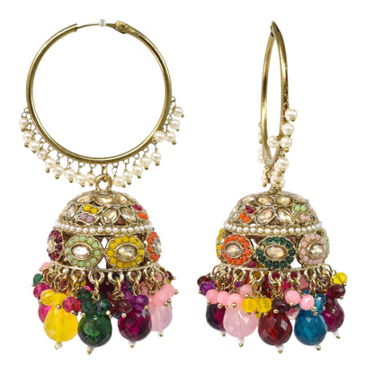 Meira Jewellery Gold Plated Multicolor Beaded Bali Jhumka Hoop Earrings for Women, Traditional Kundan Jhumki with Colorful Drops, Ethnic Festive Wedding Party Statement Earrings, Indian Jewellery-03