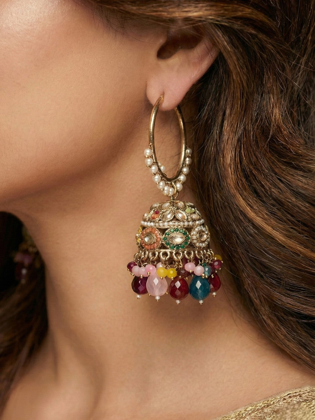 Meira Jewellery Gold Plated Multicolor Beaded Bali Jhumka Hoop Earrings for Women, Traditional Kundan Jhumki with Colorful Drops, Ethnic Festive Wedding Party Statement Earrings, Indian Jewellery-03