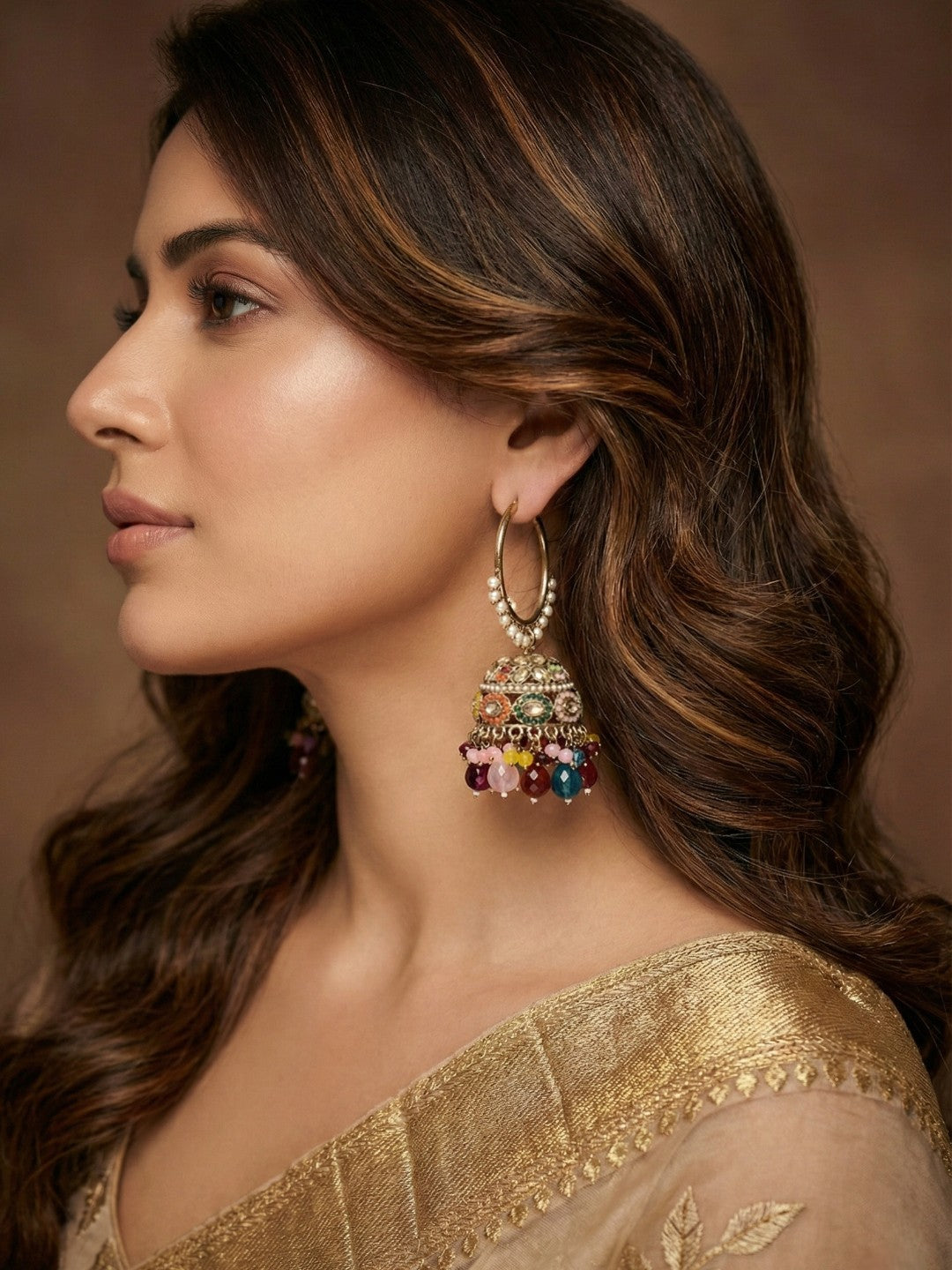 Meira Jewellery Gold Plated Multicolor Beaded Bali Jhumka Hoop Earrings for Women, Traditional Kundan Jhumki with Colorful Drops, Ethnic Festive Wedding Party Statement Earrings, Indian Jewellery-03