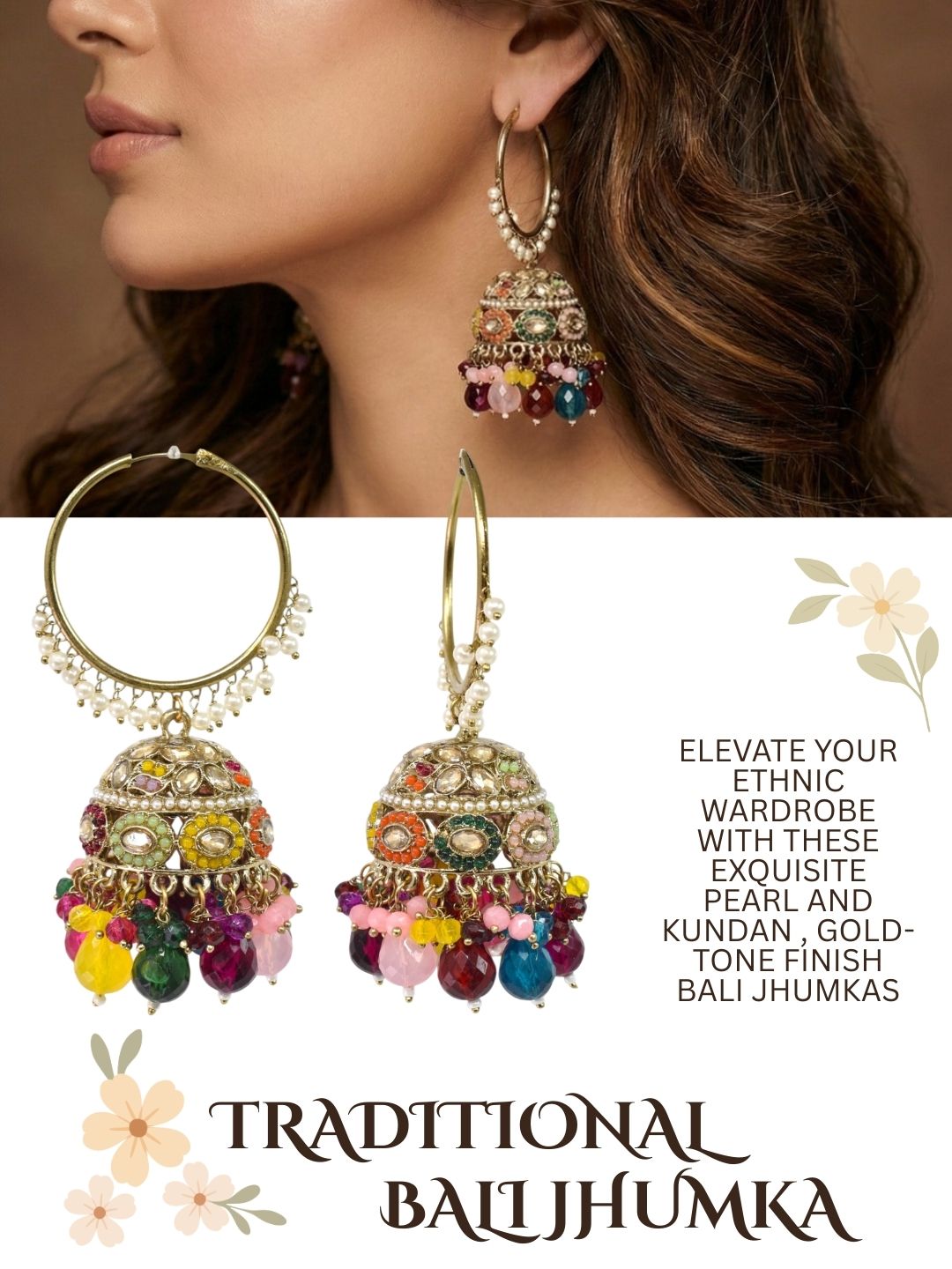 Meira Jewellery Gold Plated Multicolor Beaded Bali Jhumka Hoop Earrings for Women, Traditional Kundan Jhumki with Colorful Drops, Ethnic Festive Wedding Party Statement Earrings, Indian Jewellery-03