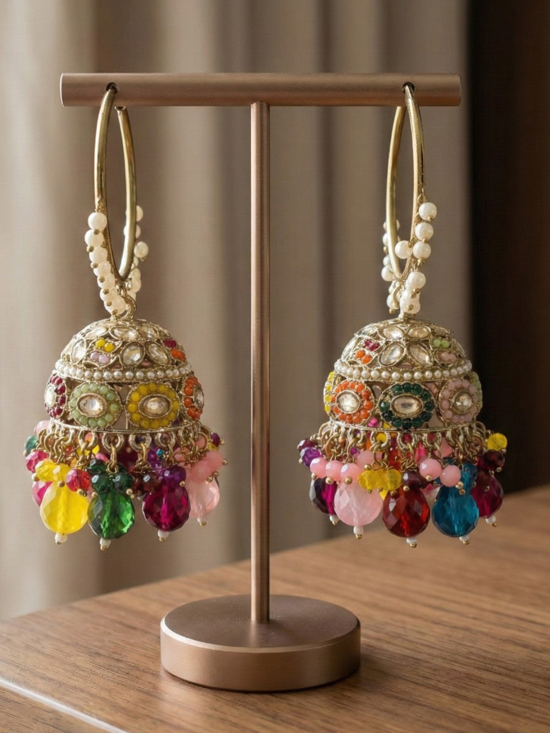 Meira Jewellery Gold Plated Multicolor Beaded Bali Jhumka Hoop Earrings for Women, Traditional Kundan Jhumki with Colorful Drops, Ethnic Festive Wedding Party Statement Earrings, Indian Jewellery-03