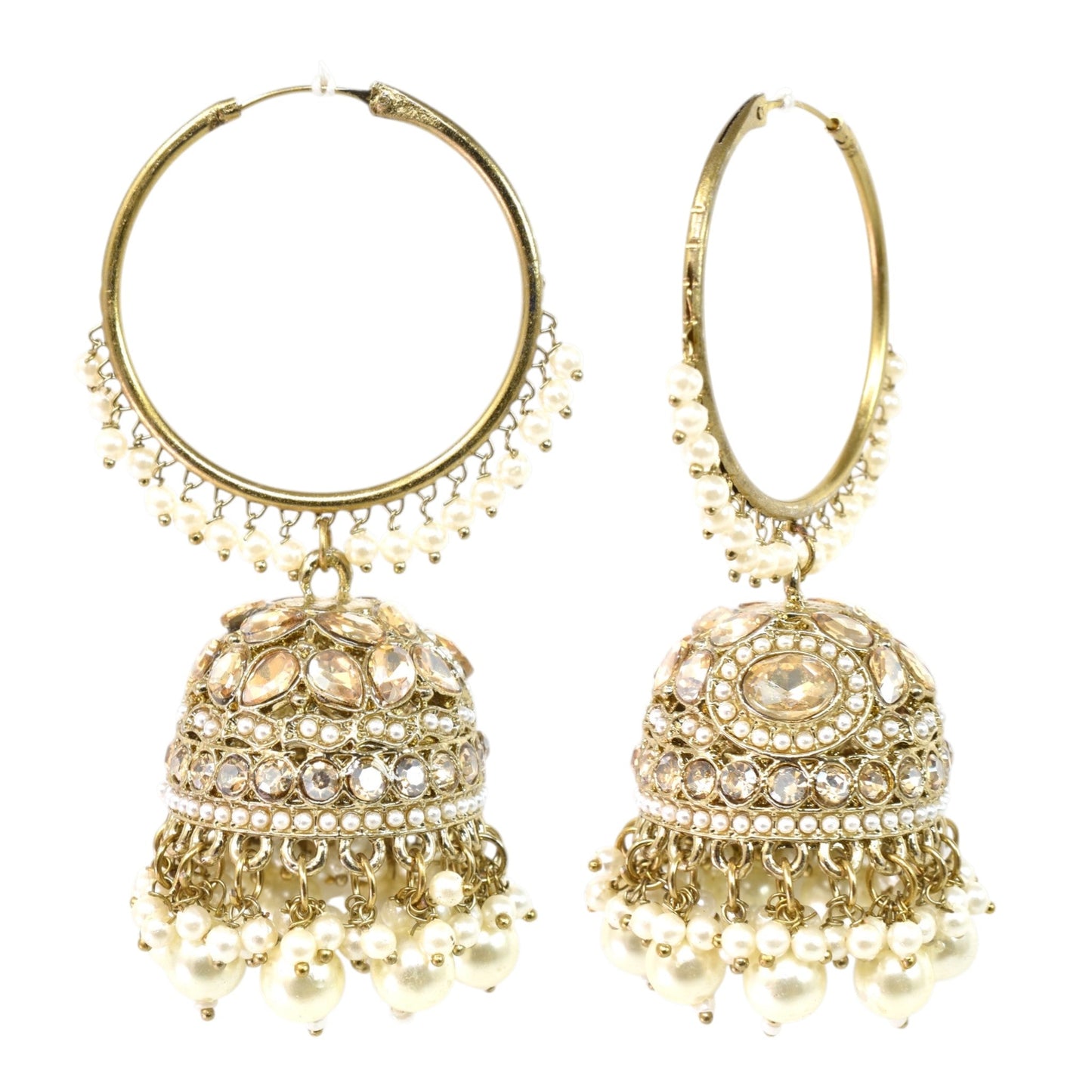 Meira Jewellery Gold Plated Traditional Bali Jhumka Hoop Earrings with Pearl Drops for Women Kundan Dome Jhumki with Beaded Pearl, Festive Wedding Party Statement Earrings, Indian Ethnic Jewellery-04