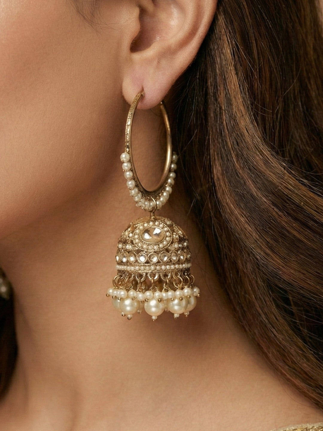 Meira Jewellery Gold Plated Traditional Bali Jhumka Hoop Earrings with Pearl Drops for Women Kundan Dome Jhumki with Beaded Pearl, Festive Wedding Party Statement Earrings, Indian Ethnic Jewellery-04