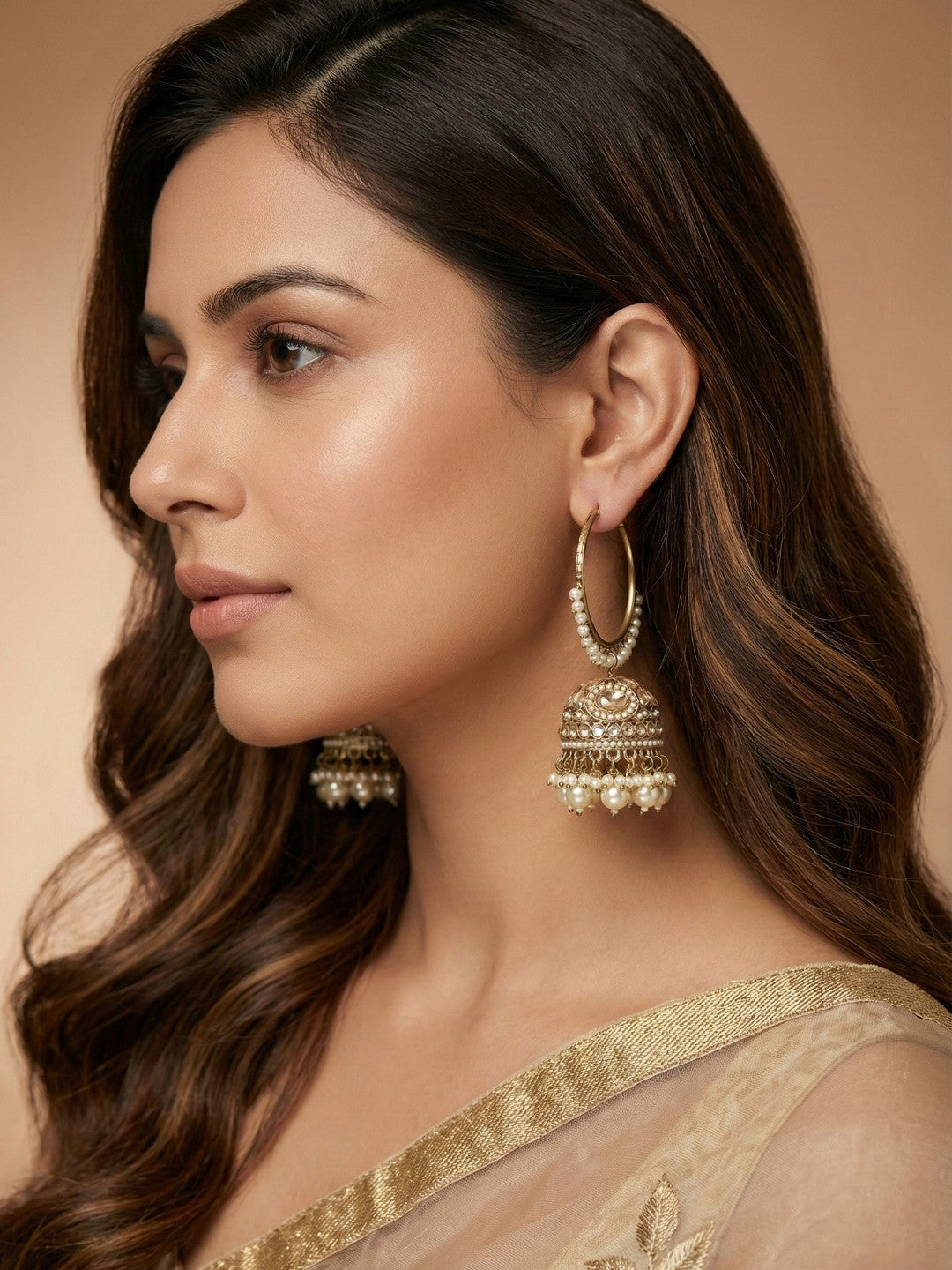 Meira Jewellery Gold Plated Traditional Bali Jhumka Hoop Earrings with Pearl Drops for Women Kundan Dome Jhumki with Beaded Pearl, Festive Wedding Party Statement Earrings, Indian Ethnic Jewellery-04