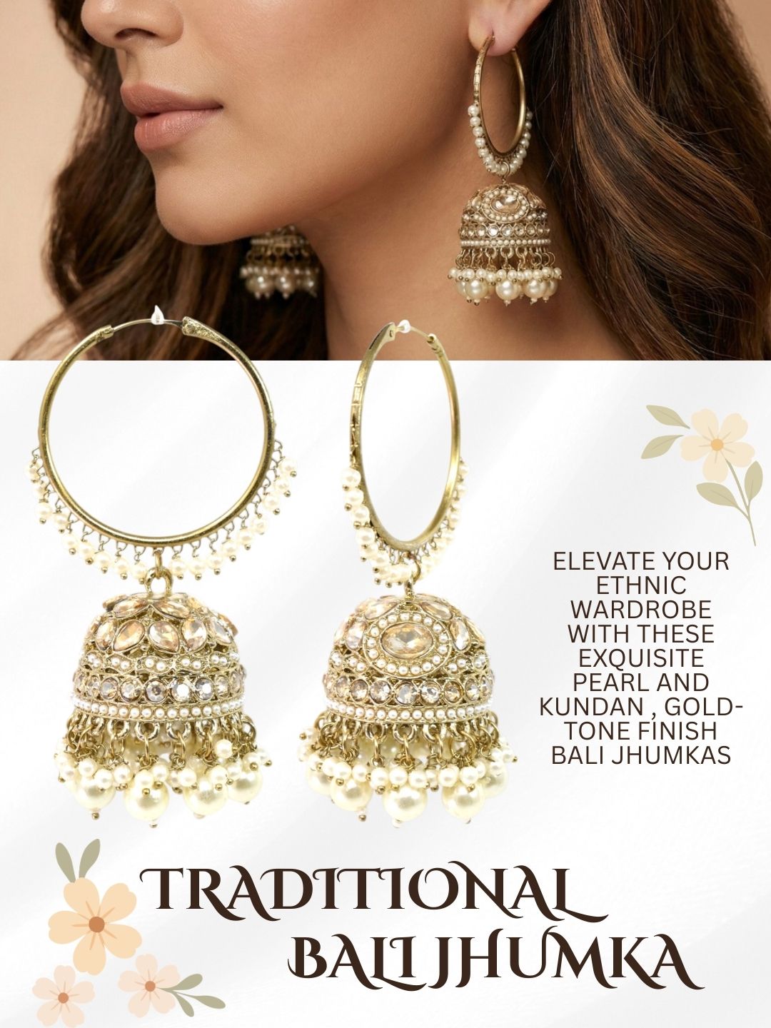 Meira Jewellery Gold Plated Traditional Bali Jhumka Hoop Earrings with Pearl Drops for Women Kundan Dome Jhumki with Beaded Pearl, Festive Wedding Party Statement Earrings, Indian Ethnic Jewellery-04
