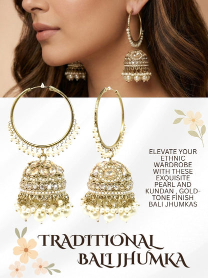 Meira Jewellery Gold Plated Traditional Bali Jhumka Hoop Earrings with Pearl Drops for Women Kundan Dome Jhumki with Beaded Pearl, Festive Wedding Party Statement Earrings, Indian Ethnic Jewellery-04