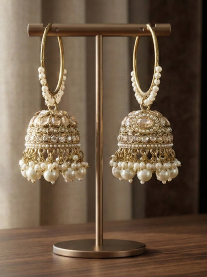 Meira Jewellery Gold Plated Traditional Bali Jhumka Hoop Earrings with Pearl Drops for Women Kundan Dome Jhumki with Beaded Pearl, Festive Wedding Party Statement Earrings, Indian Ethnic Jewellery-04