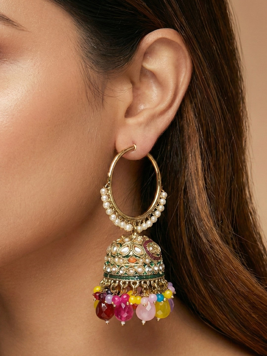 Meira Jewellery Gold Plated Multicolor Beaded Bali Jhumka Hoop Earrings for Women, Traditional Kundan Jhumki with Colorful Drops, Ethnic Festive Wedding Party Statement Earrings, Indian Jewellery-04