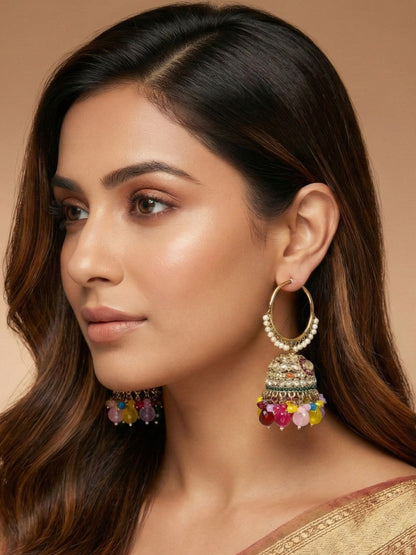 Meira Jewellery Gold Plated Multicolor Beaded Bali Jhumka Hoop Earrings for Women, Traditional Kundan Jhumki with Colorful Drops, Ethnic Festive Wedding Party Statement Earrings, Indian Jewellery-04