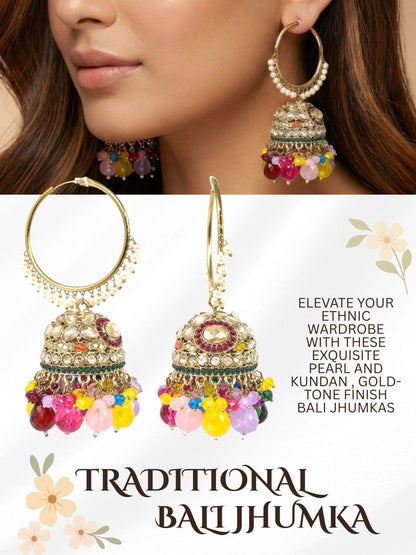 Meira Jewellery Gold Plated Multicolor Beaded Bali Jhumka Hoop Earrings for Women, Traditional Kundan Jhumki with Colorful Drops, Ethnic Festive Wedding Party Statement Earrings, Indian Jewellery-04