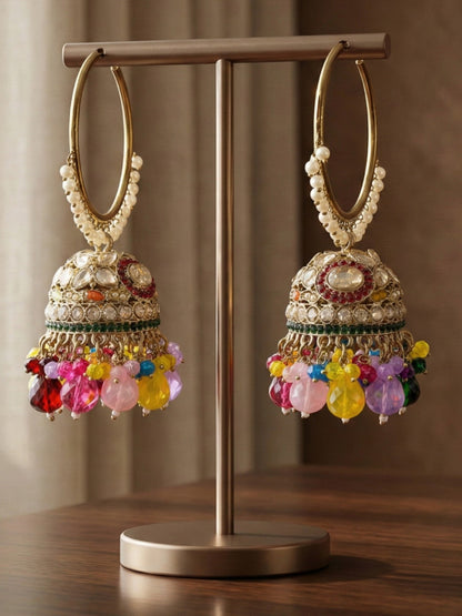 Meira Jewellery Gold Plated Multicolor Beaded Bali Jhumka Hoop Earrings for Women, Traditional Kundan Jhumki with Colorful Drops, Ethnic Festive Wedding Party Statement Earrings, Indian Jewellery-04