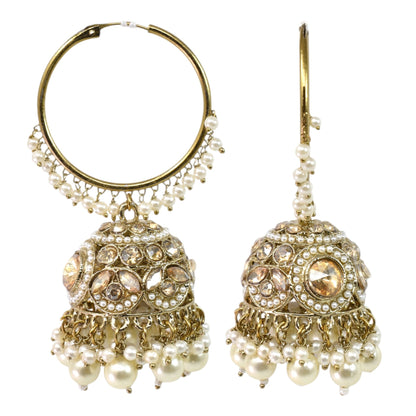 Meira Jewellery Gold Plated Traditional Bali Jhumka Hoop Earrings with Pearl Drops for Women Kundan Dome Jhumki with Beaded Pearl, Festive Wedding Party Statement Earrings, Indian Ethnic Jewellery-05