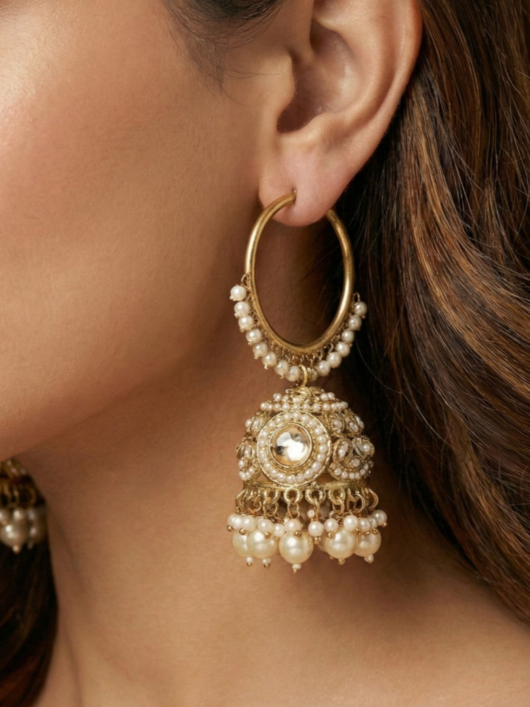 Meira Jewellery Gold Plated Traditional Bali Jhumka Hoop Earrings with Pearl Drops for Women Kundan Dome Jhumki with Beaded Pearl, Festive Wedding Party Statement Earrings, Indian Ethnic Jewellery-05