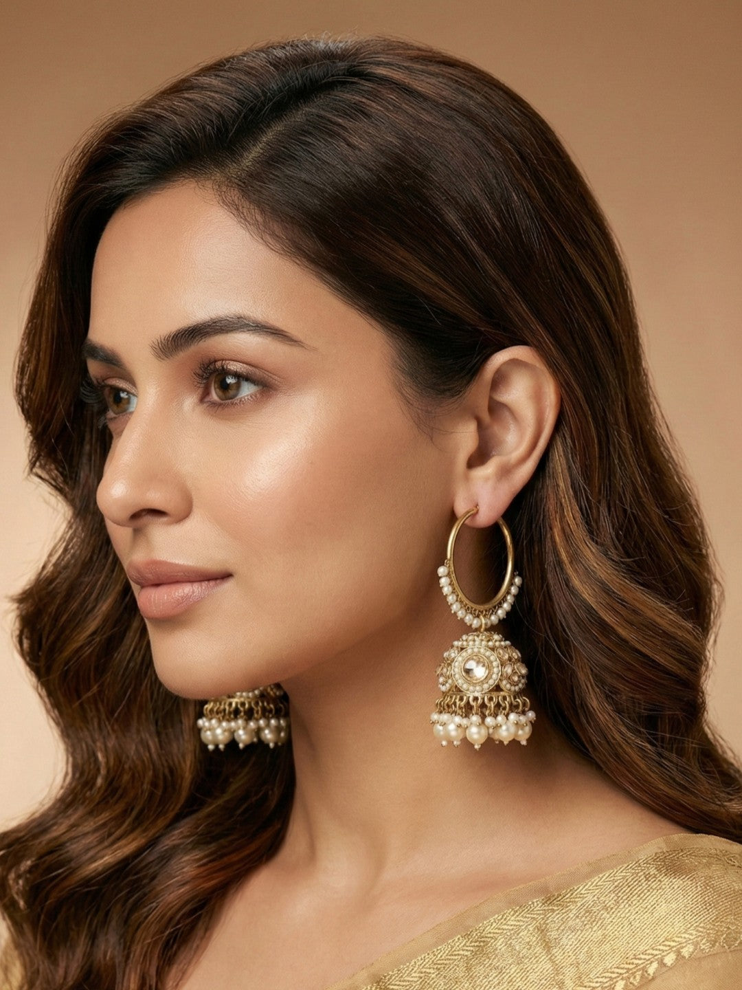 Meira Jewellery Gold Plated Traditional Bali Jhumka Hoop Earrings with Pearl Drops for Women Kundan Dome Jhumki with Beaded Pearl, Festive Wedding Party Statement Earrings, Indian Ethnic Jewellery-05