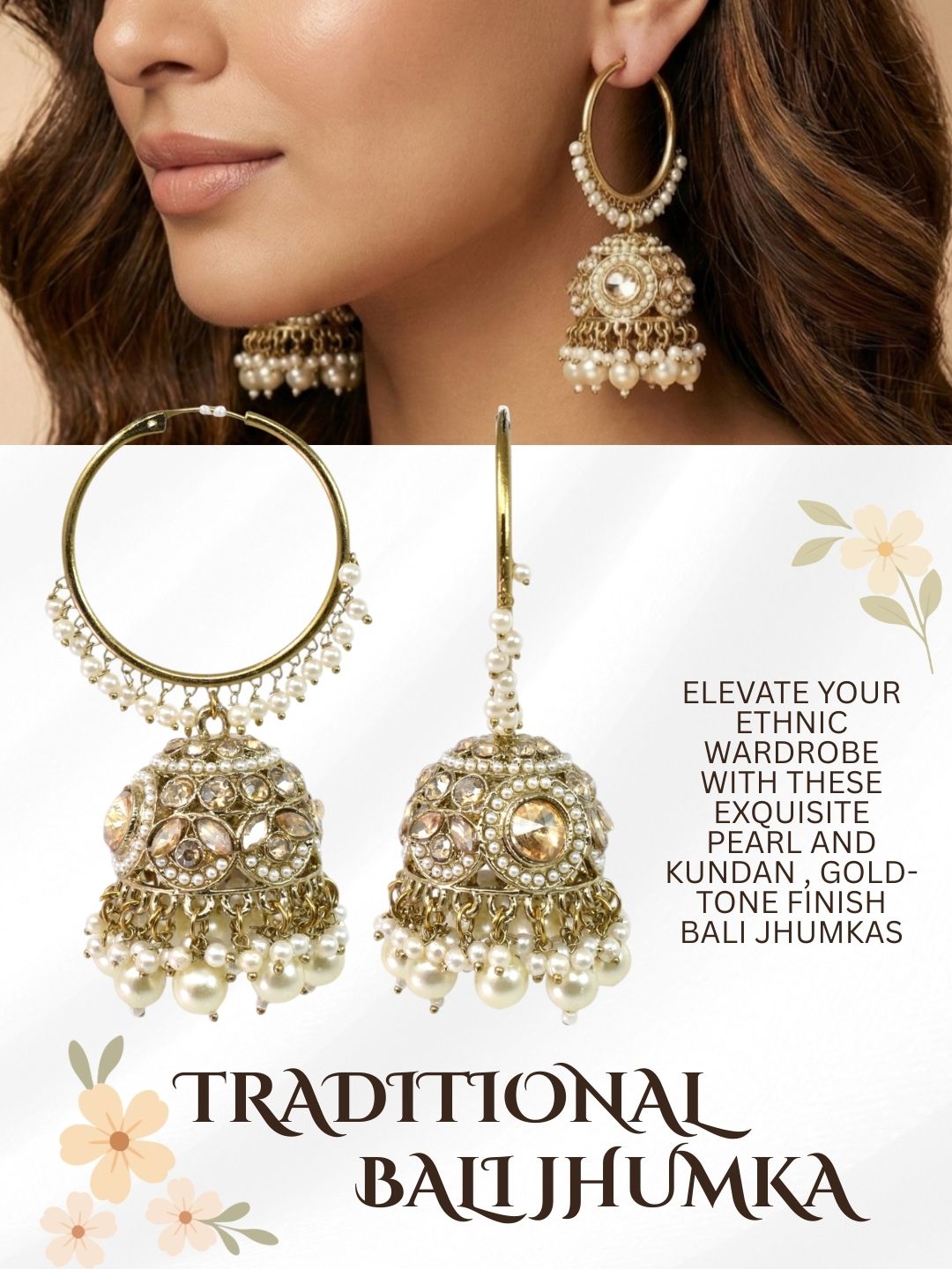 Meira Jewellery Gold Plated Traditional Bali Jhumka Hoop Earrings with Pearl Drops for Women Kundan Dome Jhumki with Beaded Pearl, Festive Wedding Party Statement Earrings, Indian Ethnic Jewellery-05