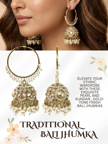 Meira Jewellery Gold Plated Traditional Bali Jhumka Hoop Earrings with Pearl Drops for Women Kundan Dome Jhumki with Beaded Pearl, Festive Wedding Party Statement Earrings, Indian Ethnic Jewellery-05