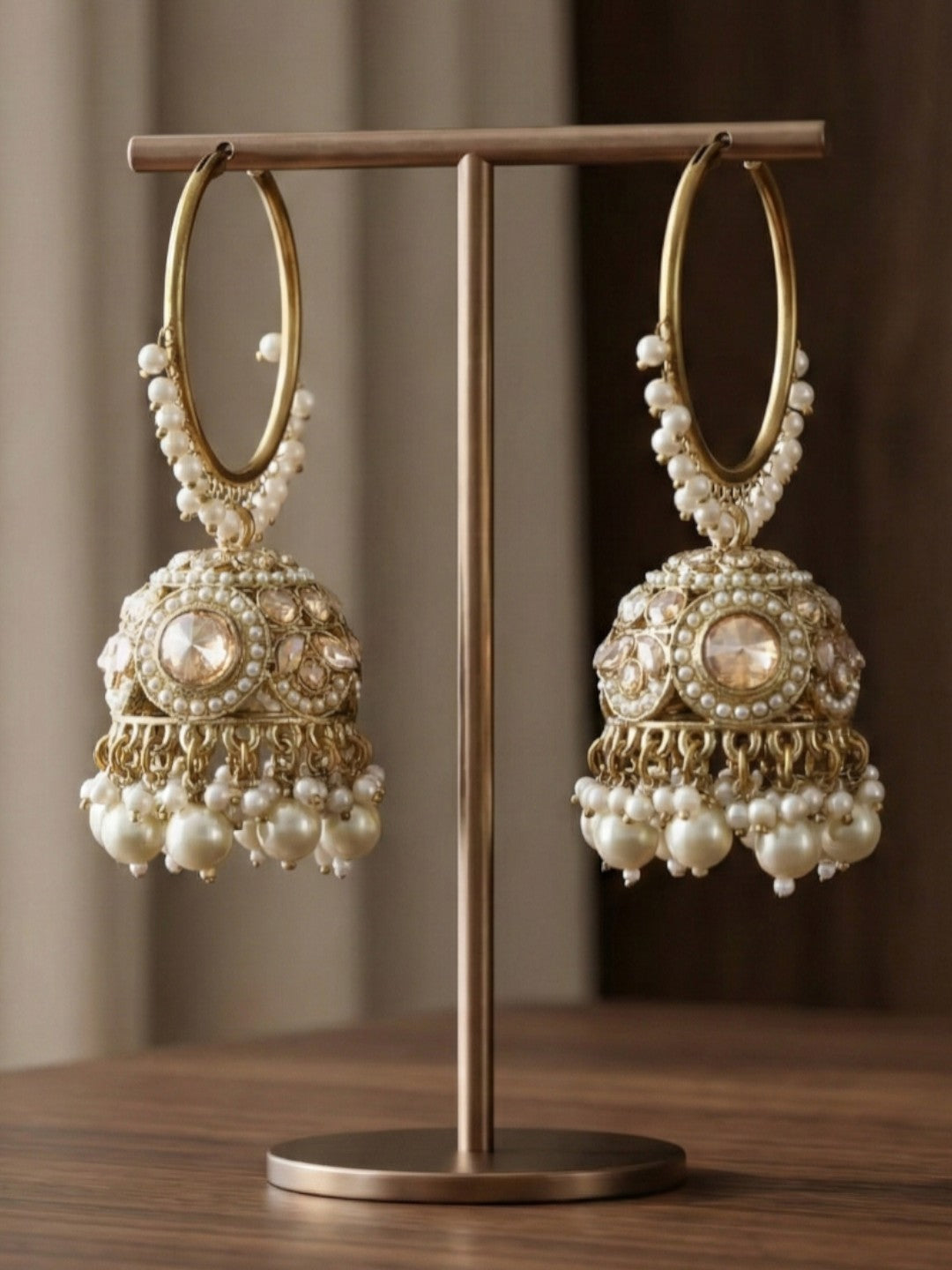 Meira Jewellery Gold Plated Traditional Bali Jhumka Hoop Earrings with Pearl Drops for Women Kundan Dome Jhumki with Beaded Pearl, Festive Wedding Party Statement Earrings, Indian Ethnic Jewellery-05