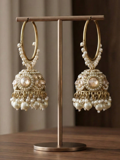 Meira Jewellery Gold Plated Traditional Bali Jhumka Hoop Earrings with Pearl Drops for Women Kundan Dome Jhumki with Beaded Pearl, Festive Wedding Party Statement Earrings, Indian Ethnic Jewellery-05