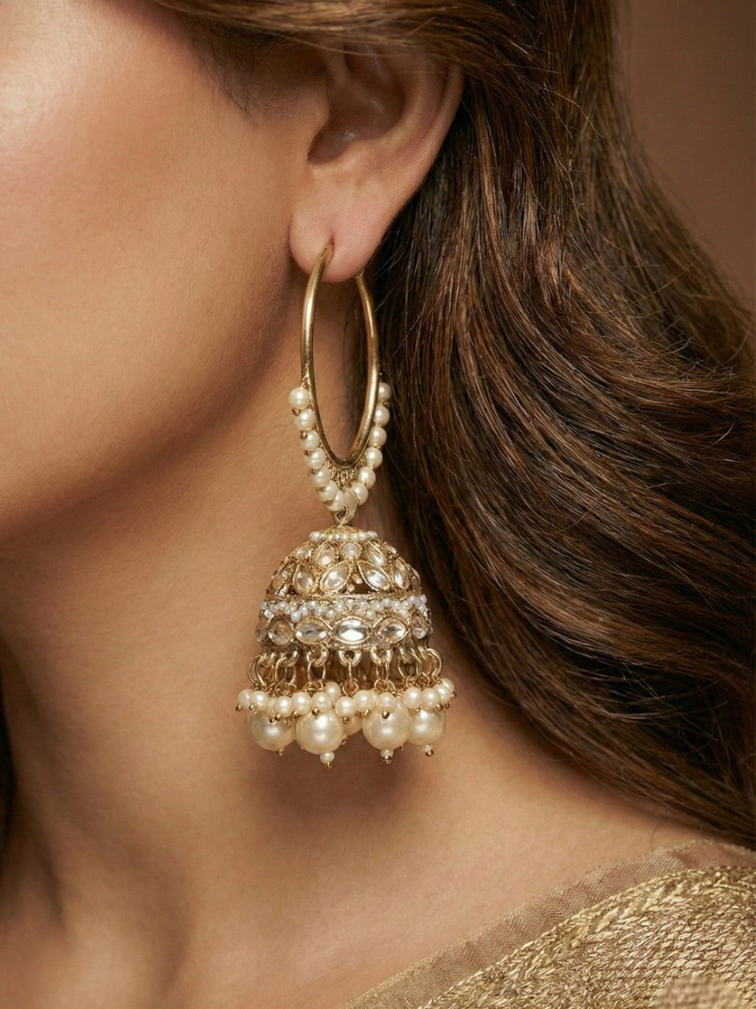 Meira Jewellery Gold Plated Traditional Bali Jhumka Hoop Earrings with Pearl Drops for Women Kundan Dome Jhumki with Beaded Pearl, Festive Wedding Party Statement Earrings, Indian Ethnic Jewellery-06