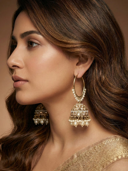 Meira Jewellery Gold Plated Traditional Bali Jhumka Hoop Earrings with Pearl Drops for Women Kundan Dome Jhumki with Beaded Pearl, Festive Wedding Party Statement Earrings, Indian Ethnic Jewellery-06