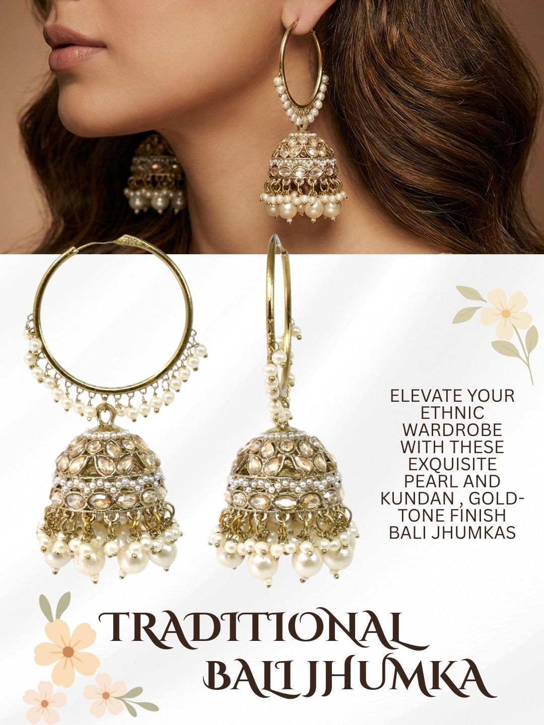 Meira Jewellery Gold Plated Traditional Bali Jhumka Hoop Earrings with Pearl Drops for Women Kundan Dome Jhumki with Beaded Pearl, Festive Wedding Party Statement Earrings, Indian Ethnic Jewellery-06