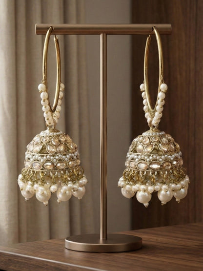 Meira Jewellery Gold Plated Traditional Bali Jhumka Hoop Earrings with Pearl Drops for Women Kundan Dome Jhumki with Beaded Pearl, Festive Wedding Party Statement Earrings, Indian Ethnic Jewellery-06