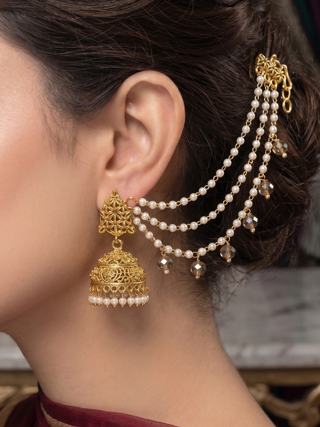 Traditional Pearl Beaded Ear Chain Accessory for Women and Girls
