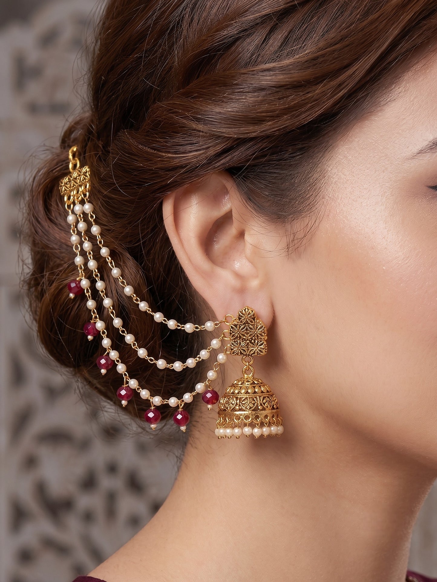 Traditional Pearl Beaded Ear Chain Accessory for Women and Girls